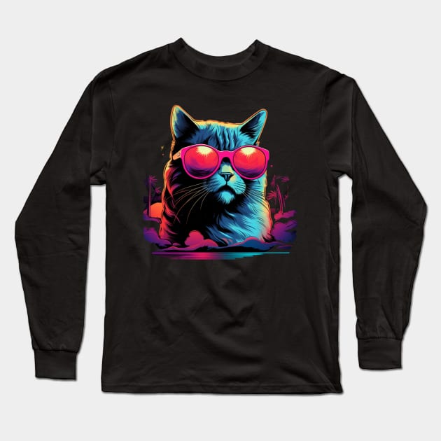 Retro Wave Burmilla Cat Shirt Long Sleeve T-Shirt by Miami Neon Designs
